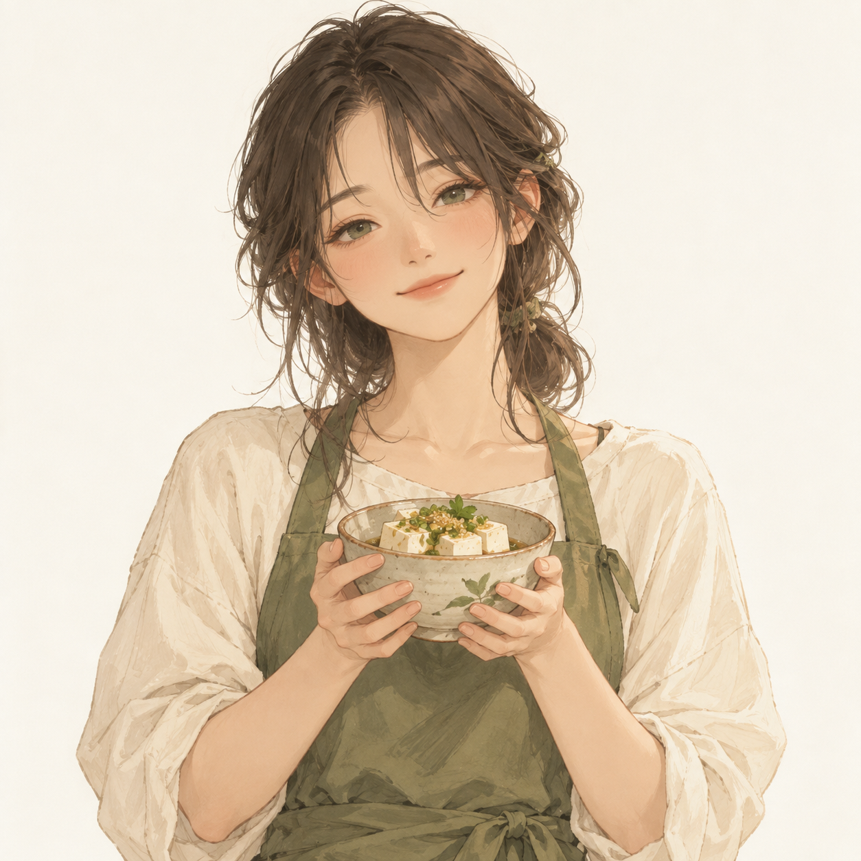 加香菜不辣的形象插畫:褐黑中長髮、綠色眼睛,穿圍裙捧著一碗豆腐。